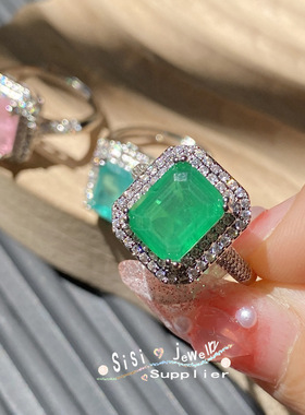 Sisi珠宝带棉絮仿祖母绿碧玺戒指 直播新品满钻公主粉开口指环女