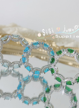 Sisi油画孔雀绿宝石戒指镀18K 轻奢水影蓝锆石长方椭圆海蓝宝排戒