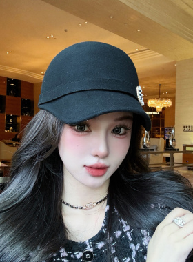 秋冬羊毛鸭舌帽女时尚气质马术帽显脸小毛呢棒球帽复古英伦骑士帽
