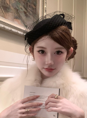 秋冬羊毛贝雷帽女法式复古赫本风网纱头饰时尚气质千金毛呢蓓蕾帽