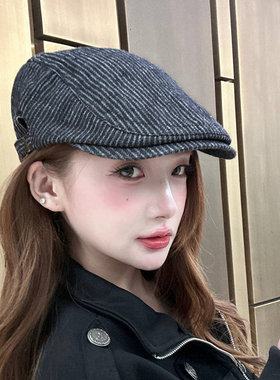 复古条纹前进帽女时尚显脸小贝雷帽大头围帽秋冬画家帽亚麻报童帽