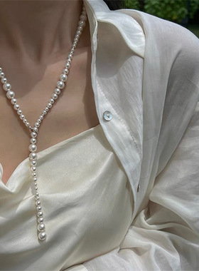 高级感法式施家强光正圆珍珠长款毛衣链简约新款复古多层叠戴项链
