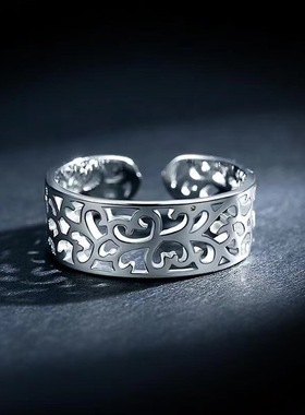 S925纯银指环镂空爱心女开口小众设计戒指可调节简约时尚饰品