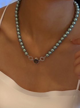 日韩清新小众设计磁铁珍珠贝母颈链复古双圆环项链精致微镶锆石锁