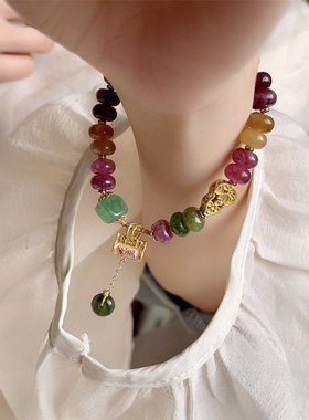 天然石碧玺色珐琅彩小香包手链女2024新款精致简约拼接显白串珠