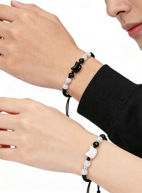 S925银黑曜石玄猫情侣手链女