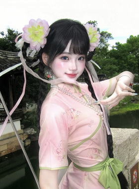 古风汉服cos中华娘发饰 甜美花朵飘带发夹女新中式百搭设计头饰女