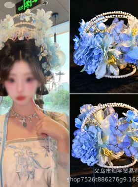 新品原创宋制绢花双面花冠头饰古风汉服发饰花仿珍珠花冠山口冠