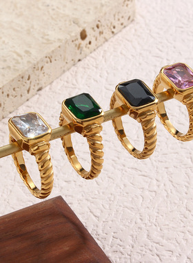 英国george melis欧美简约羊角面包扭曲螺旋戒指首饰矩形锆石