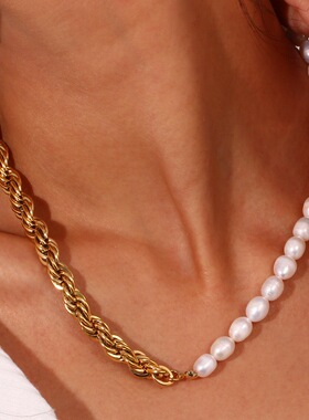 英国george melis欧美新款淡水珍珠链条项链女钛钢冷淡风欧美