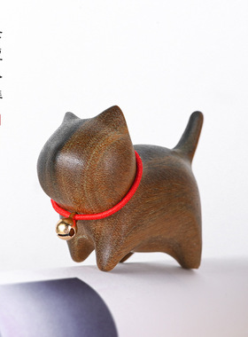 日系设计师topwhit黑檀木雕刻小猫小铃铛摆件绿檀可爱小猫咪木猫