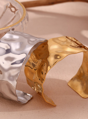 英国george melis欧美时尚ins捶打纹几何开口手镯女镀18k金小众