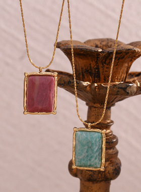 英国george melis欧美百搭时尚镀18k金长方形石吊坠项链女