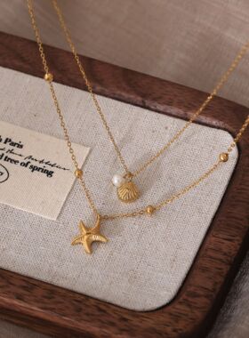 英国George Melis钛钢高保色双层海星贝壳夏季度假风锁骨链叠戴
