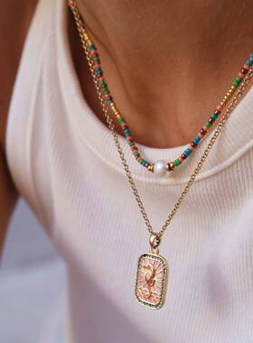 英国George Melis度假风彩色塔罗牌项链方形嵌锆吊坠海马海豚