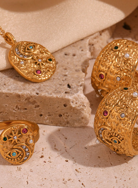 英国george melis欧美小众个性耳环戒指套装镀18k金微镶星月圆形