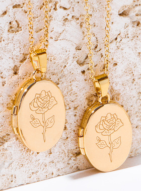 英国George Melis椭圆玫瑰花开合相框相盒项链DIY可打开放照片