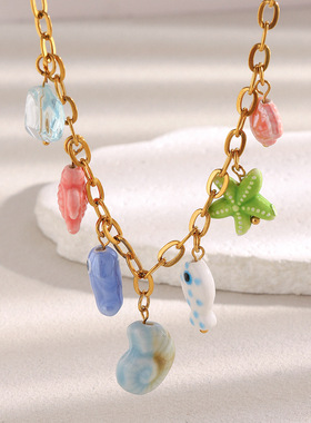 英国george melis欧美时尚海洋小鱼彩色陶瓷镀18k金手工diy项链
