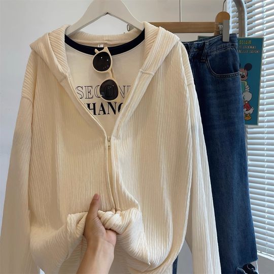 Damen-Sonnenschutzkleidung, lockere Kapuze, dünne Strickjacke, Sonnenschutzkleidung