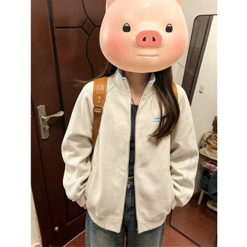美式哈苏线立领开衫卫衣女春秋宽松慵懒风情侣运动外套棒球服上衣 - 图1