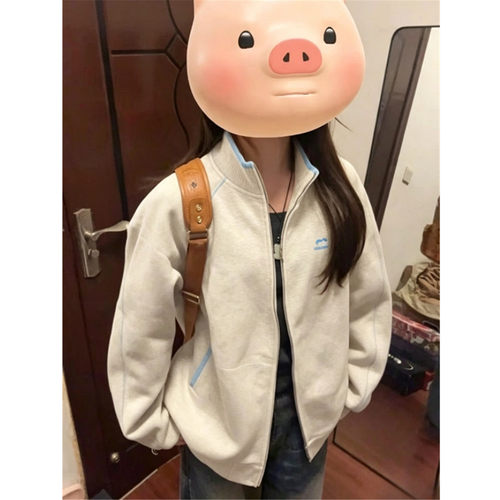 美式哈苏线立领开衫卫衣女春秋宽松慵懒风情侣运动外套棒球服上衣 - 图2