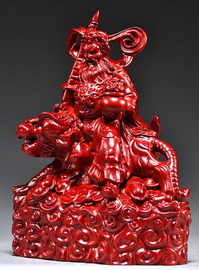 红色木雕刻武财神骑虎赵公明神像摆件家居公司装饰送礼红木工艺品