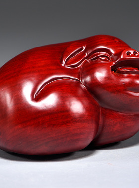 红色花梨木雕猪摆件工艺品十二生肖猪雕刻红木家居吉祥物装饰风水