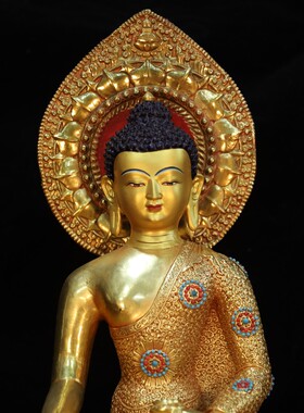 纯铜三宝佛释迦牟尼佛佛像西藏密宗古色鎏金鎏银释迦摩尼佛像15寸