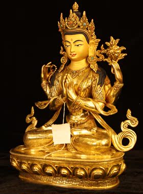 尼泊尔释迦族工艺密宗四臂观音佛像38cm尼泊尔纯铜24k鎏金手工