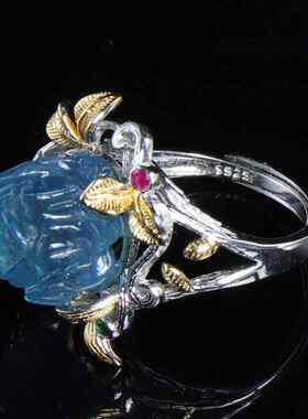 女款戒指天然海蓝宝复古宫廷风