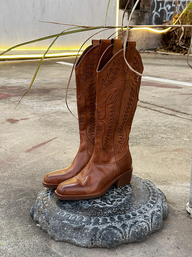 欢哥/高筒靴马皮西部靴电绣复古V口显瘦牛仔靴中跟女真皮长靴子,淘宝优惠券,粉丝福利购,淘宝优惠卷