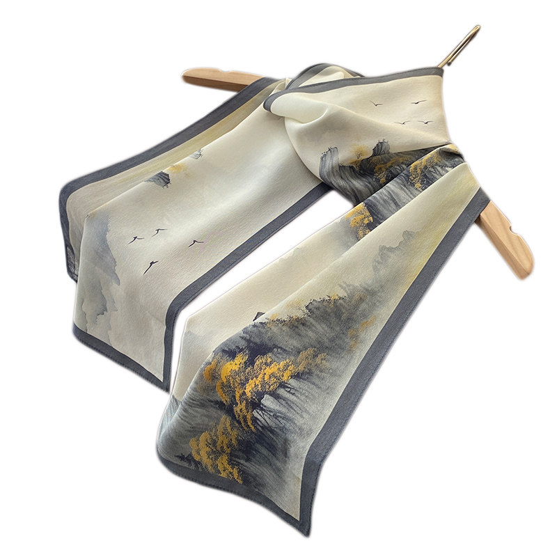 烟雨灰古意丝巾中国风素雅真丝围巾春秋薄款文艺女桑蚕丝纱巾窄版,淘宝优惠券,粉丝福利购,淘宝优惠卷