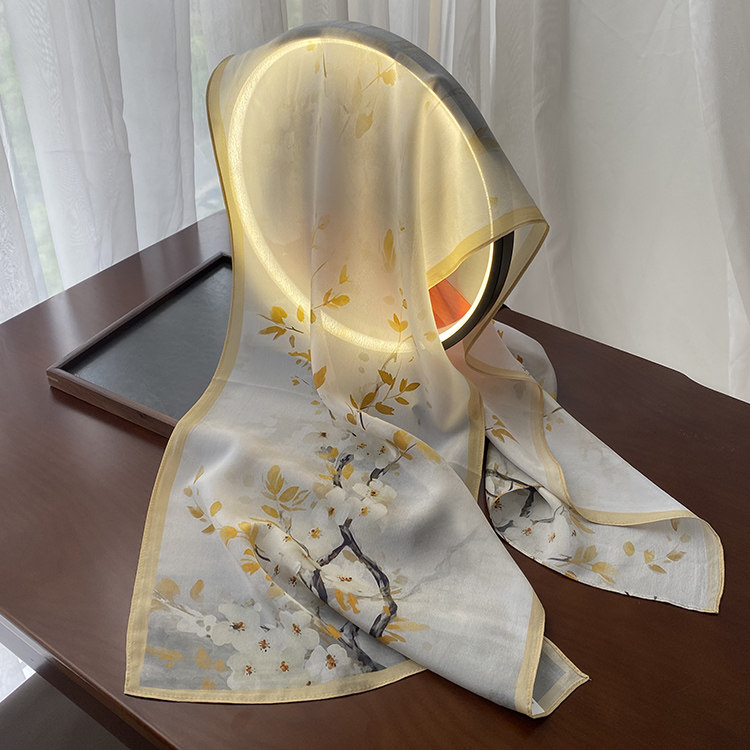 烟雨灰古意丝巾中国风素雅真丝围巾春秋薄款文艺女桑蚕丝纱巾窄版,淘宝优惠券,粉丝福利购,淘宝优惠卷