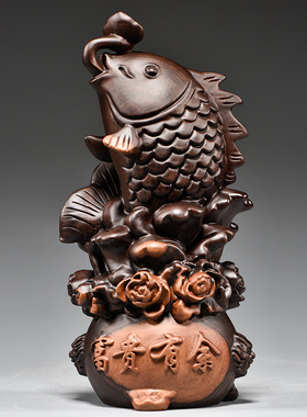 黑檀实木雕刻年年有鱼摆件一对鲤鱼木质家居办公室乔迁送礼装饰品