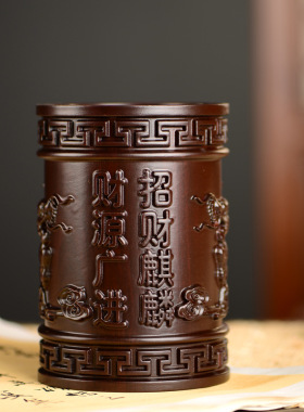 黑檀木雕麒麟笔筒工艺品办公室书桌家居客厅木质笔筒摆件送礼