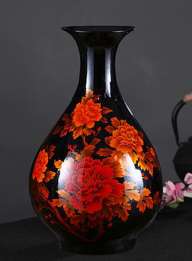 景德镇陶瓷花瓶 水晶釉红色牡丹石榴瓶 中式家居时尚装饰摆件批发