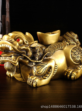 纯铜金钱貔貅摆件一对驮元宝铜皮丘 家居玄关摆设办公室工艺品