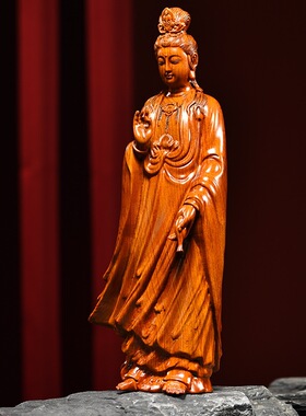 木雕摆件观音佛像实木质雕刻家居中式客厅玄功店铺开业供奉工艺品