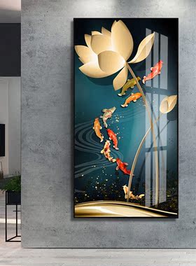 梓朗九鱼图玄关装饰画鲤鱼壁画入户背景墙挂画荷花九条鱼灯光氛围