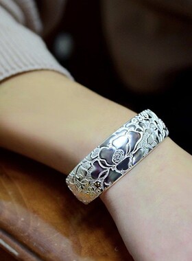 镀银手镯女爱莲说开口宽版宽面莲花白银镯子银饰送妈妈款跨境批发