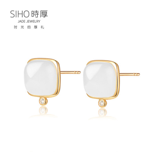 SIHO时厚18k金镶耳钉天然和田玉耳钉女 白玉方块羊脂玉耳钉气质女 - 图3