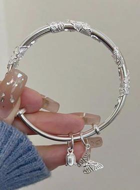 古风花丝银手镯女小众设计刻字礼物繁花似锦镀银镯子