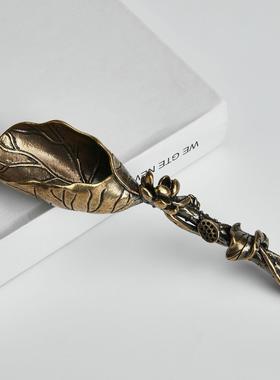纯铜荷花茶铲手工艺品中式复古茶叶铲茶匙古典茶具茶宠桌面小摆件