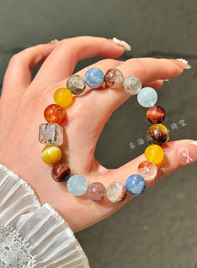 天然水晶多宝手链女原创设计款四季幽灵招财多宝黑金超蓝晶石手串