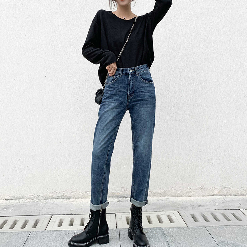 高腰直筒春秋显瘦宽松阔腿牛仔裤 言装牛仔裤