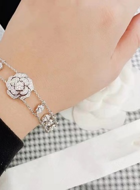 AU750白金美国进口莫桑石山茶花镂空手链18K镶嵌满钻山茶花项链