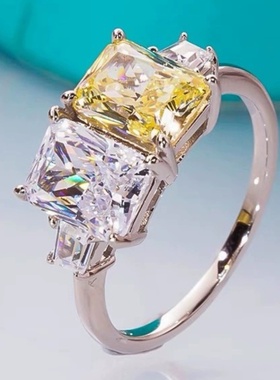 D色莫桑石黄白钻戒精致高级感