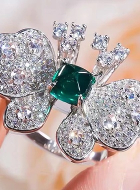 铂金PT950美国进口莫桑石D色绿祖母方钻蝴蝶满钻戒指女时尚复古潮