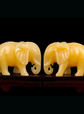 御缘世家玉石大象摆件一对天然米黄玉大象家居办公装饰品客厅电视