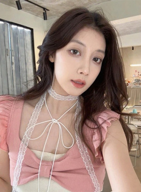 叠戴层次感蕾丝超仙飘带蝴蝶结细窄女春夏系带锁骨链颈带丝巾项链